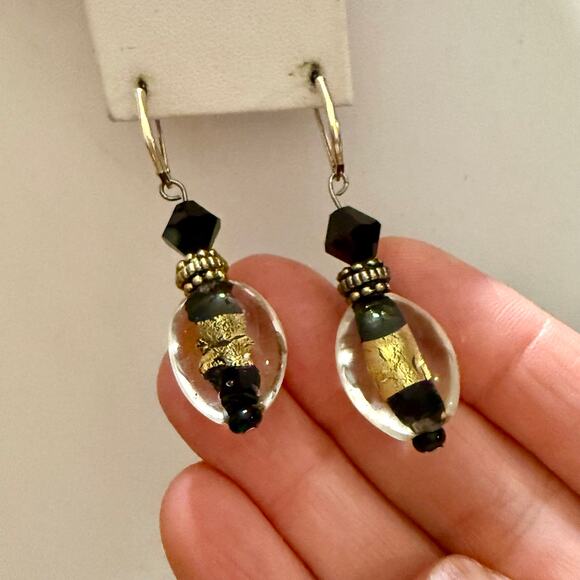 Artisan Jewelry - Black & Gold Foil Glass Beaded Artisan Drop Earrings